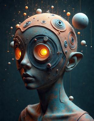 The primary subject of the image is a sculpture of a head with a blue and orange color scheme. The setting is a dark background, which contrasts with the vibrant colors of the sculpture. The visual style is a combination of digital art and illustration, creating a unique and intriguing appearance. The overall atmosphere is one of creativity and artistic expression.